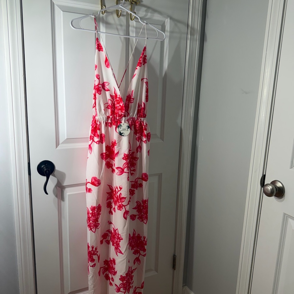 Sabo  Red Floral backless Maxi dress Deep V beach Vacation NWT - Picture 7 of 13